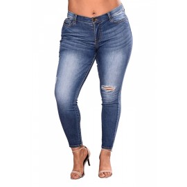 Plus Size Skinny Mid Rise Ripped Jeans Blue