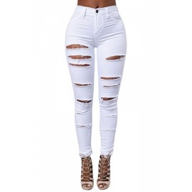Womens Apparel Cut Out Ripped Plain Denim Jeans White