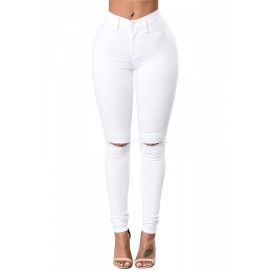 Fashion Mid Rise Knee Cut Out Plain Skinny Stretchy Jeans White