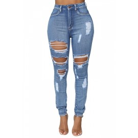 High Waisted Skinny Ripped Cut Out Jeans Blue