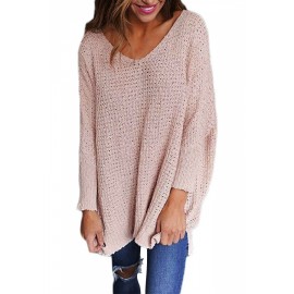 Plus Size V Neck Long Sleeve Loose Plain Sweater Pink
