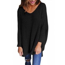 Plus Size V Neck Long Sleeve Plain Loose Sweater Black