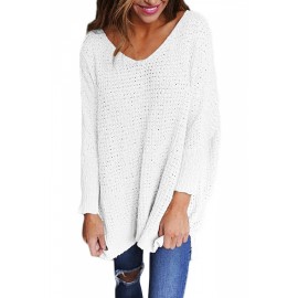 Plus Size Long Sleeve Loose Plain V Neck Sweater White