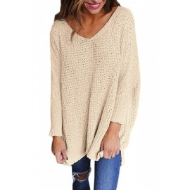 Plus Size V Neck Long Sleeve Loose Plain Sweater Apricot