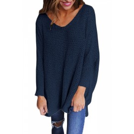 Plus Size V Neck Long Sleeve Loose Plain Sweater Navy Blue