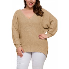 Plus Size V Neck Pullover Sweater Khaki