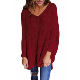 Plus Size V Neck Loose Plain Long Sleeve Sweater Watermelon Red