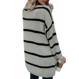Fashion Long Sleeve Front Pocket Loose Striped Cardigan Apricot