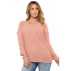 Cut Out Plain Drop Shoulder V Neck Sweater Pink