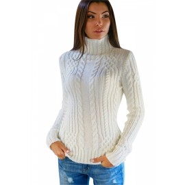 Womens Plain High Collar Long Sleeve Cable Knit Pullover Sweater White