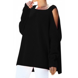 Square Neck Plain Loose Cold Shoulder Sweater Black