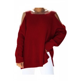 Square Neck Cold Shoulder Plain Loose Sweater Red