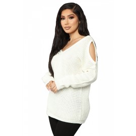 V Neck Plain Drop Shoulder Cut Out Sweater White