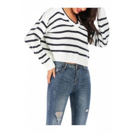 V Neck Pullover Sweater Striped White