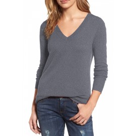 Womens V-Neck Long Sleeve Plain Pullover Sweater Gray