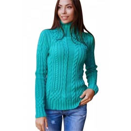 Womens Plain High Collar Long Sleeve Cable Knit Sweater Turquoise