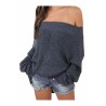 Womens Off Shoulder Long Sleeve Oversized Pullover Sweater Dark Gray