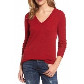 Womens V-Neck Long Sleeve Plain Pullover Sweater Red