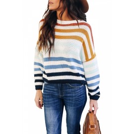 Drop Shoulder Color Striped Long Sleeve Sweater Blue