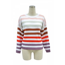 Drop Shoulder Color Striped Long Sleeve Sweater Pink