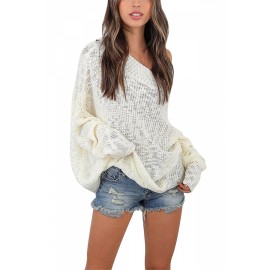 Womens Apparel Off Shoulder Long Sleeve Oversized Pullover Sweater White