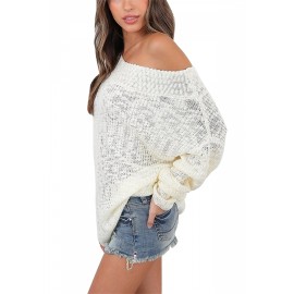 Womens Apparel Off Shoulder Long Sleeve Oversized Pullover Sweater White