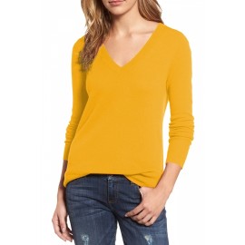 Womens V-Neck Long Sleeve Plain Pullover Sweater Yellow