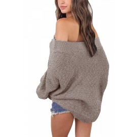 Womens Apparel Off Shoulder Long Sleeve Oversized Pullover Sweater Khaki
