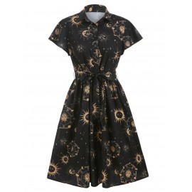 Sun Moon and Star Print Belted Skater Dress - Black M