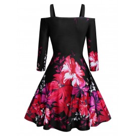 Square Neck Open Shoulder Floral Print Dress - Black L