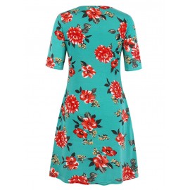 Floral A Line Tee Dress - Macaw Blue Green 2xl