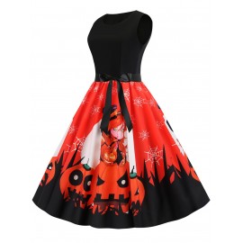Halloween Pumpkin Spider Web Print Belted Dress - Orange Salmon M