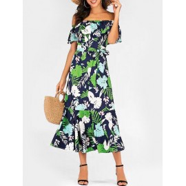 Tropical Leaf Print Belted Off Shoulder Dress -  M