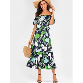 Tropical Leaf Print Belted Off Shoulder Dress -  M