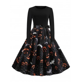 Halloween Pumpkin Face Bat Print Long Sleeve Dress -  S