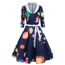 Planet Sun Moon Print Shawl Collar Dress -  S