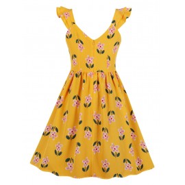 Ruffle Floral A Line Dress - Bee Yellow L