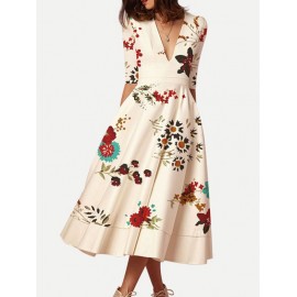 Floral Print Half Sleeves Flared Dress - Champagne 3xl