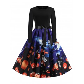 Halloween Pumpkin Black Cat Print Party Dress - Multi-a L