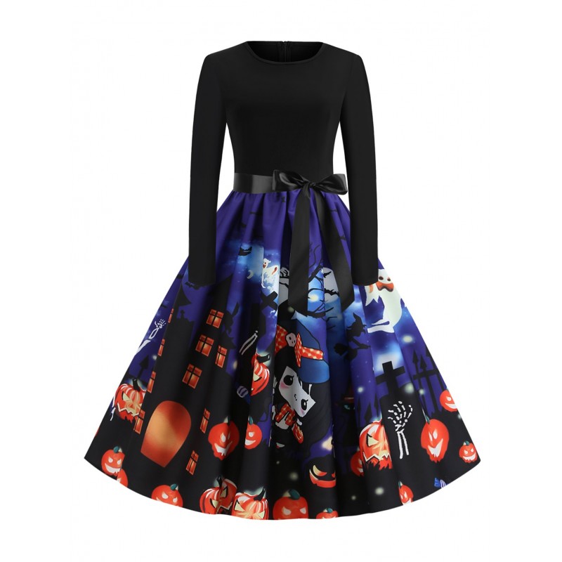 Halloween Pumpkin Black Cat Print Party Dress - Multi-a L