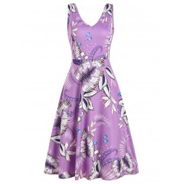 V Neck Leaf Print Sleeveless Dress - Purple Flower S