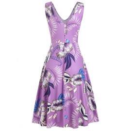 V Neck Leaf Print Sleeveless Dress - Purple Flower S
