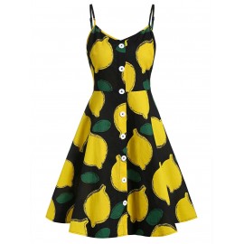 Lemon Print Buttoned A Line Cami Dress - Black M