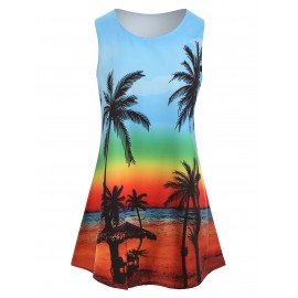 Palm Tree Print Sleeveless Mini Dress - Light Sky Blue S