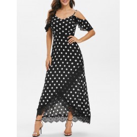 Polka Dot Lace Panel Asymmetrical Dress - Black Xl