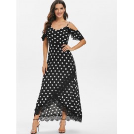 Polka Dot Lace Panel Asymmetrical Dress - Black Xl