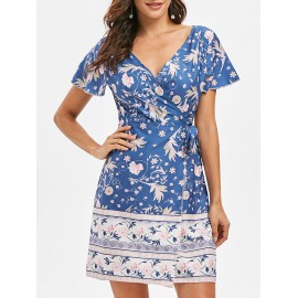Low Cut Flower Mini Dress - Slate Blue S