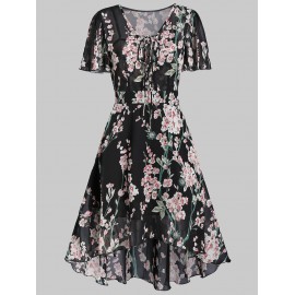 Flower Print Lace-up High Low Midi Dress - Black S
