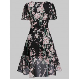 Flower Print Lace-up High Low Midi Dress - Black S