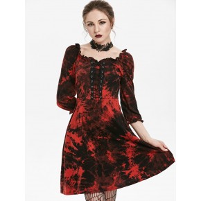 Tie Dye Lace Up Fit And Flare Gothic Dress - Black L